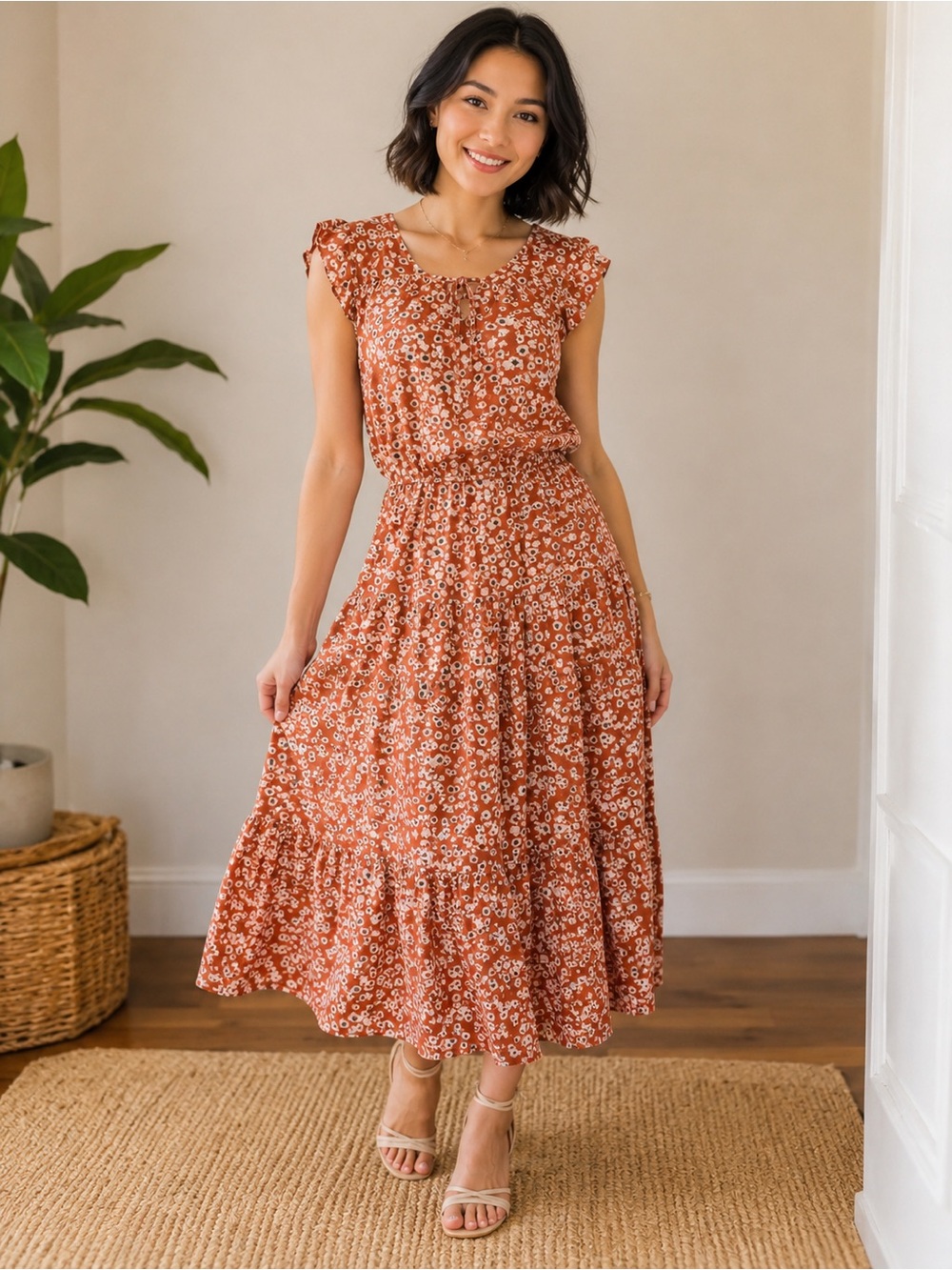 Simply Vera Vera Wang Rust Floral Midi Dress
